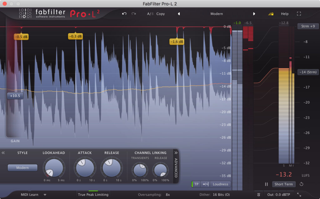 FabFilter Pro-L 2のリミッタープラグインの操作画面