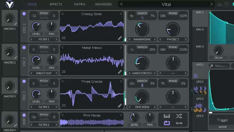 VitalのOSC1セクション。ウェーブテーブル波形ディスプレイとUnison・Warp・Levelの各ノブが表示されている